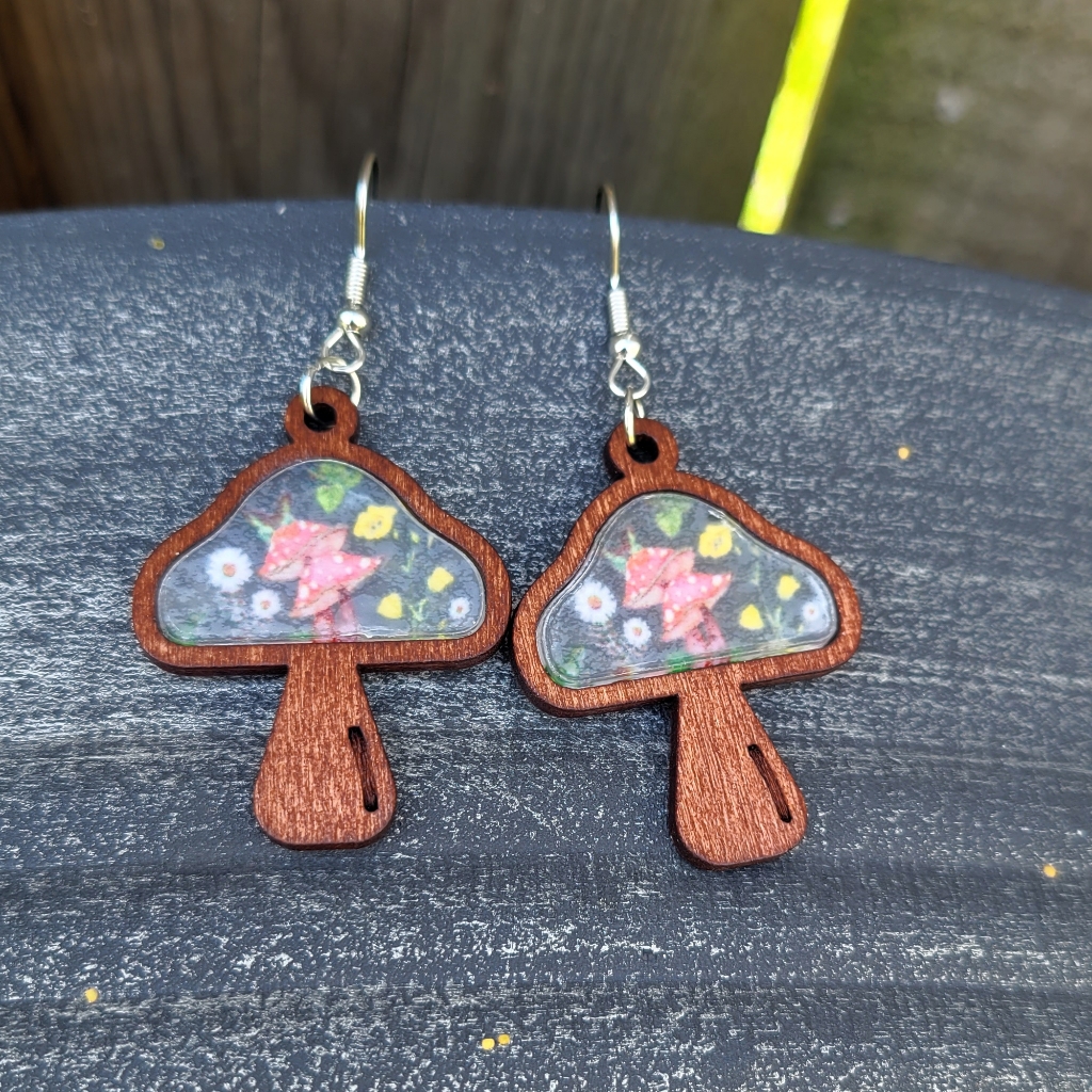 Cute Small Mushroom Wood Dangle Earrings